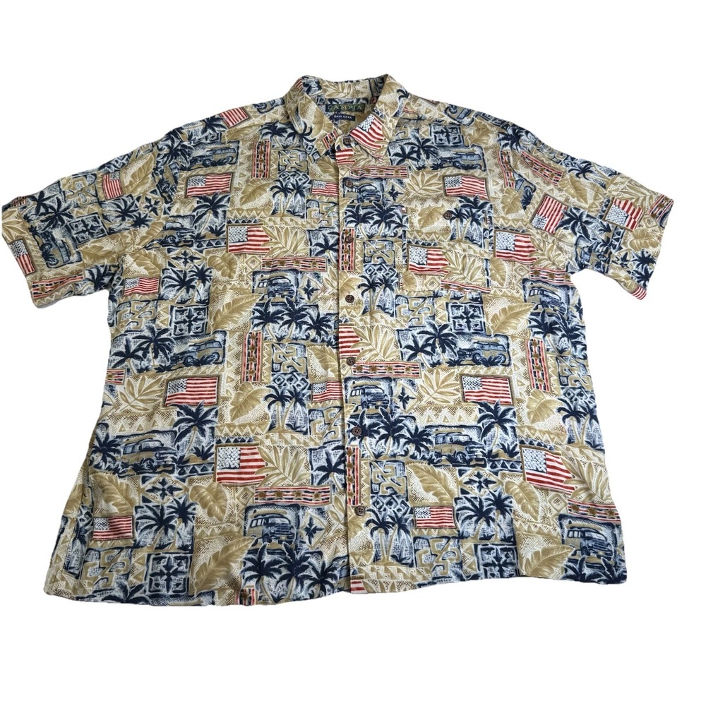 Campia Button Front Shirt Men XL Tan Excellent Vintage Patriotic 90s Rayon‎